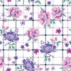 Roses and flower on plaid pattern