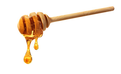 Fresh honey dripping from wooden honey dipper on white background - 3D illustration - not KI...