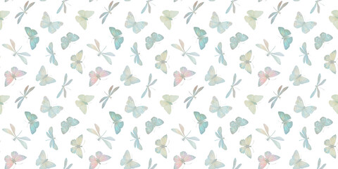 repeating ornament, seamless pattern of dragonflies and butterflies, endless watercolor illustration, hand drawn. Design of fabrics, wrapping paper, kitchen textiles, packaging.