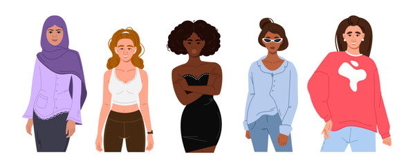 Vector collection of modern female characters in different poses. Multicultural multinational women of different appearance in the flat style
