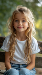 Caucasian girl sitting on bench on background of green summer city park.