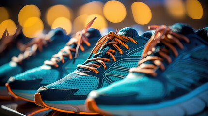 Row of generic training shoes, with blue and warm lighting