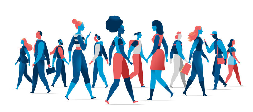 A crowd of walking cartoon characters. Men and women on the streets. Vector set