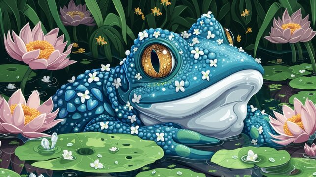 A blue frog sitting in a pond surrounded by lily pads, AI