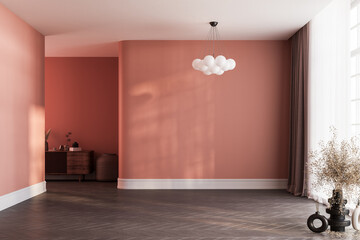 Empty room with red tones wall, baseboard on wooden parquet in for luxury interior design...
