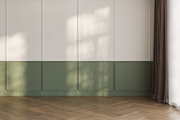White and green classic wall background, brown parquet floor. Sunlight on wall - obrazy, fototapety, plakaty