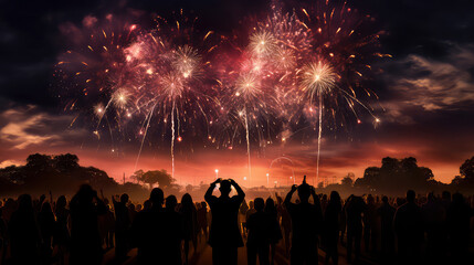 Dynamic concert vibes: Silhouettes dance under vibrant fireworks and concert lights, creating an...