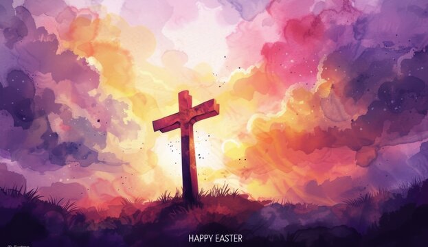 HAPPY EASTER watercolor cross Generative AI