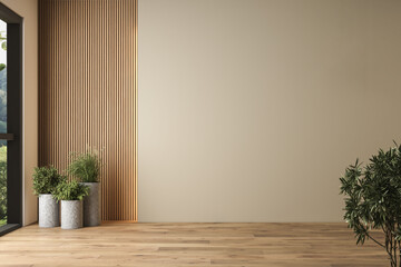 Modern empty room with open door to garden 3d render. The Room. have concrete and wooden plank...