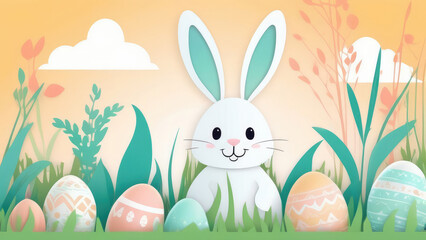 Obraz premium Illustration on a glade with spring flowers and greenery painted eggs of different sizes, white Easter bunny. Advertising banner concept, invitations for Mother's Day, Valentine's Day, Wedding Day
