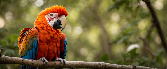 A scarlet macaw from southeastern mexico on a tree, wildlife concept - obrazy, fototapety, plakaty