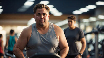Fototapeta na wymiar Fat man working out on the treadmill at the gym, healthy lifestyle