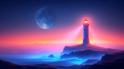 bright lighthouse beams light at dusk with a large full moon overhead, casting a glow over a tranquil ocean and rocky coastline