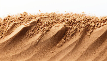 Sand mockup top view isolated on white background. Classic sand flat lay mock-up. Sand using in manufacturing, brick making, gardening and playgrounds. Closeup yellow sand with copy space. Banner