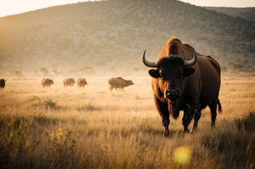 Photo sur Plexiglas Parc national du Cap Le Grand, Australie occidentale Wild portrait of a buffalo in a field at sunset.