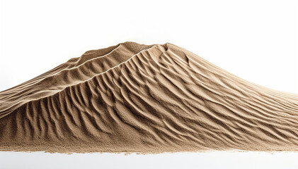 Sand dune mountain isolated on white background. Classic sand using in manufacturing, brick making, gardening and playgrounds. Closeup yellow sand with copy space. Banner