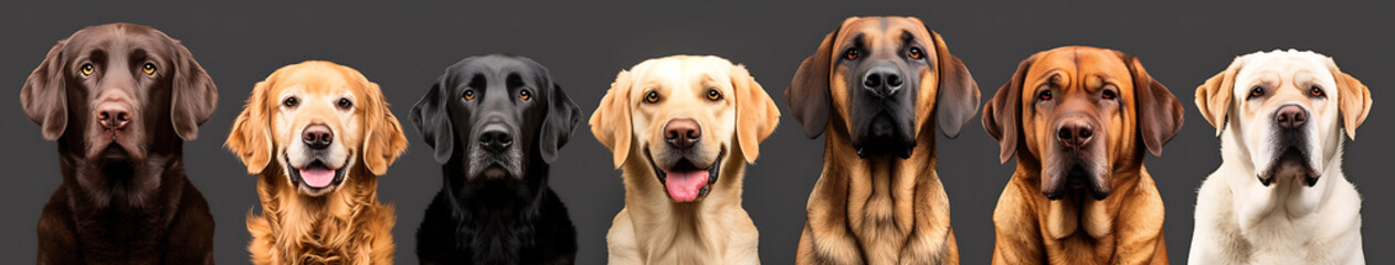 Obraz premium Group of sitting dogs of different breeds on a white background panorama photo