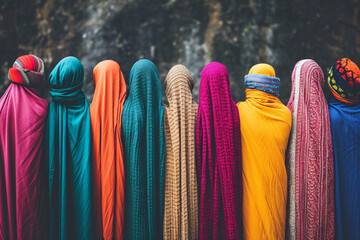 A group of women wearing traditional garments on their heads.