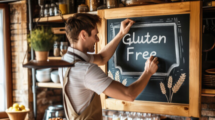 man is writing "Gluten Free" on a blackboard with a piece of chalk.