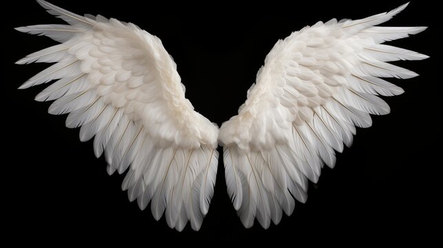 A captivating image featuring angel wings gracefully isolated on a black background.  