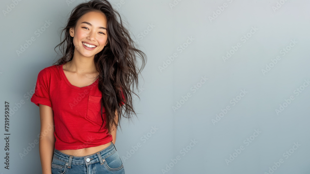 Wall mural Asian woman wear red t-shirt smile laugh out loud isolated