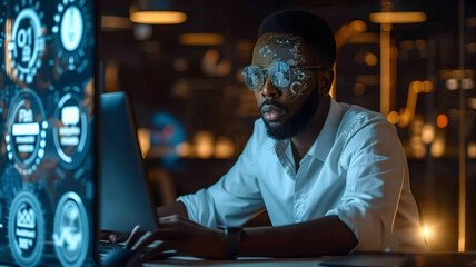Fototapeta premium A handsome short black american project manager working on a computer in the office Augmented Reality social media icons appear on employees' laptops,generative ai