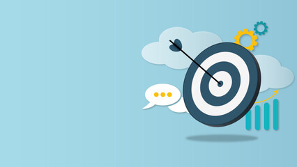 3d target with arrow hit center and marketing icons on blue background. Business goal and success web banner. Digital marketing, SEO optimization and social media concept. Vector illustration.