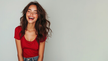 Fototapeta premium Brunette woman wear red t-shirt smile laugh out loud isolated