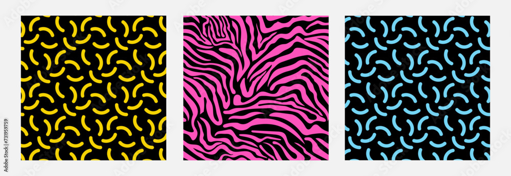 Poster abstract vector backgrounds set in trendy 80s-90s style. memphis seamless patterns with geometric el