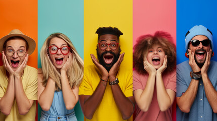 five individuals with various expressions of surprise and happiness are standing against a multicolored background