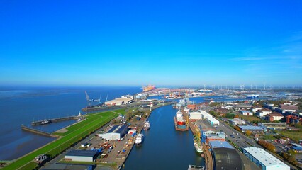 Fototapeta premium Bremerhaven - Northern Germany - Aerial view with a view of the harbors in the northern harbor