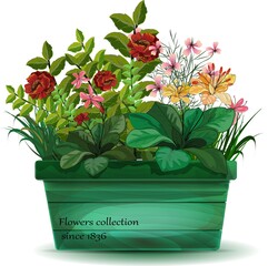 Green wooden pot with set of plants, flowers and herbs