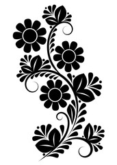 Abstract floral design. Black decorative pattern with swirls, leaves, flowers and dots on a white isolated background.