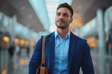 Young Business businessperson Walks Airport Terminal, Business Person Travels, corporate travel - obrazy, fototapety, plakaty