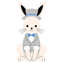 cute bunny easter wearing grey suit and bow tie illustration