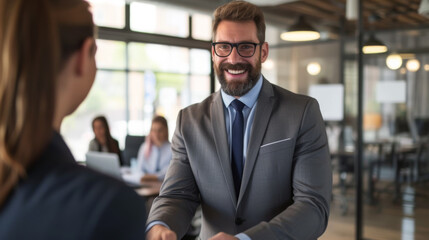 A bearded man in a suit with glasses is smiling and shaking hands with a colleague in a modern office environment.