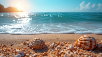 Fototapeta na wymiar Seashells on Sandy Beach at Sunset