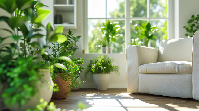 A cozy corner with indoor plants by the window, reflecting a peaceful and green living space at home