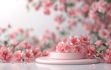 Obraz na płótnie Canvas Minimalist Product display podium with pink floral flowers background