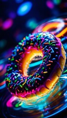 A close-up image showcases vibrant frosted donuts adorned with multicolored sprinkles, resting on a glossy surface that reflects their vivid hues.