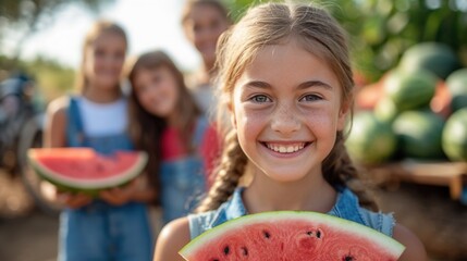 Young Girl Smiling with Watermelon