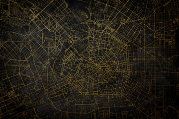 City of Milan Italy Map, Milan City Map Black Gold. Golden streets of the city Milano in the north of Italy.
