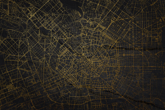 Fototapeta City of Milan Italy Map, Milan City Map Black Gold. Golden streets of the city Milano in the north of Italy.