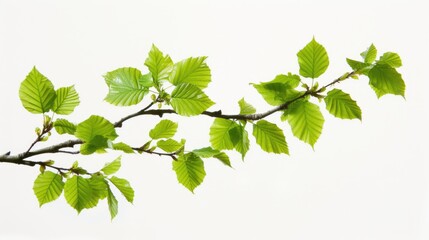 Fototapeta na wymiar Green leaves on a branch against a white background.