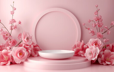 Minimalist Product display podium with pink floral flowers background