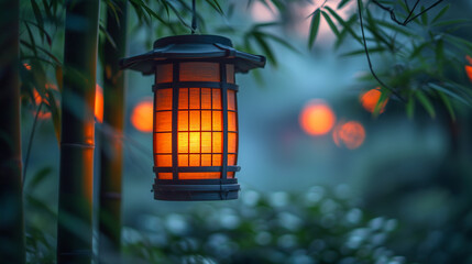 a lantern in the Japanese style, which is suspended from a bamboo tree and shines with a pleasant...