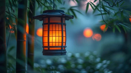  a lantern in the Japanese style, which is suspended from a bamboo tree and shines with a pleasant orange light © MYKHAILO KUSHEI