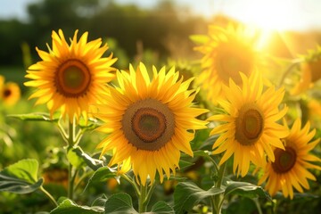 Fototapeta premium Sun-kissed and joyful, a field of sunflowers basks in the radiant glow of a sunny day, evoking feelings of happiness and vitality.
