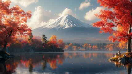 Autumn in Japanese garden fuji moutain background,generative ai - obrazy, fototapety, plakaty