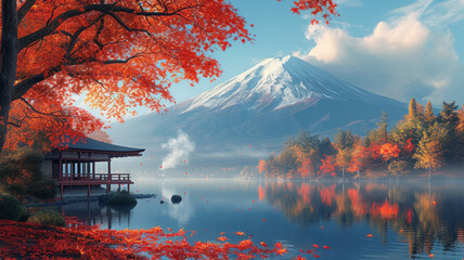 Autumn in Japanese garden fuji moutain background,generative ai
